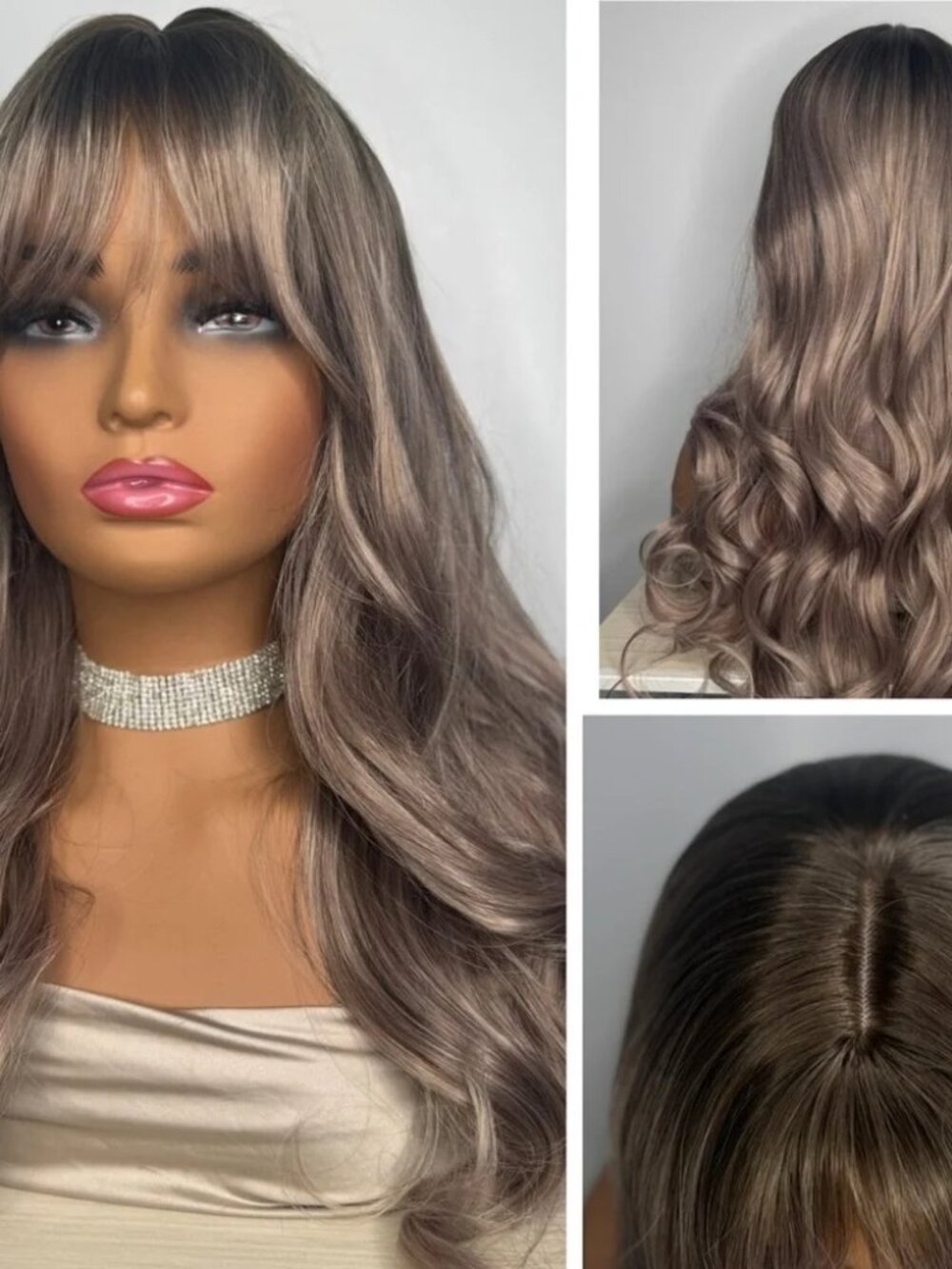 26” Long Wavy Synthetic Wig with Bangs – Ash Brown / Smoky Blonde Blend - Picture 8 of 13